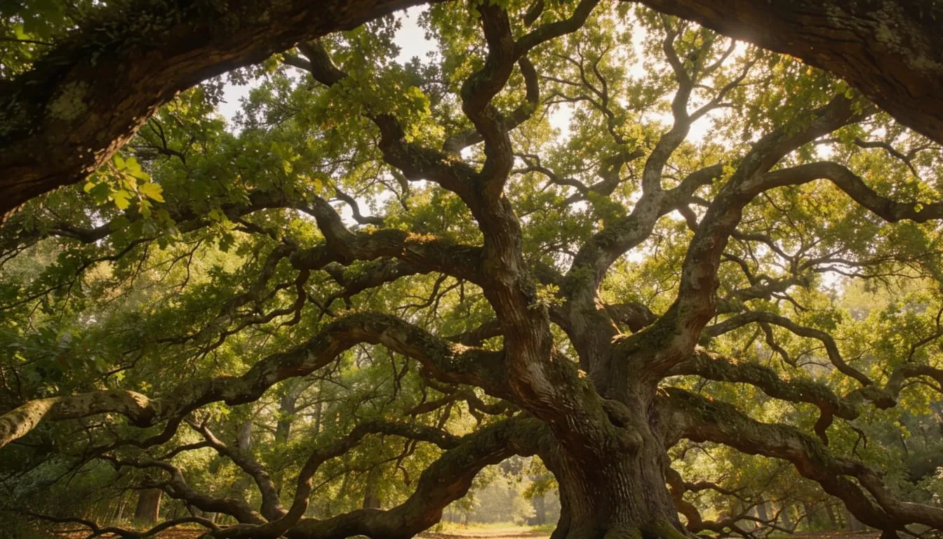 The canopy of a mature oak in Kent, Ohio, seen from below