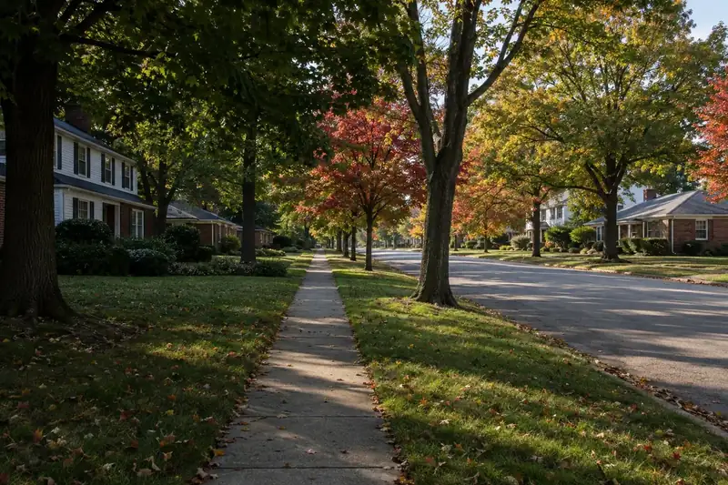 A tree-lined residential street in autumn in Northeast Ohio